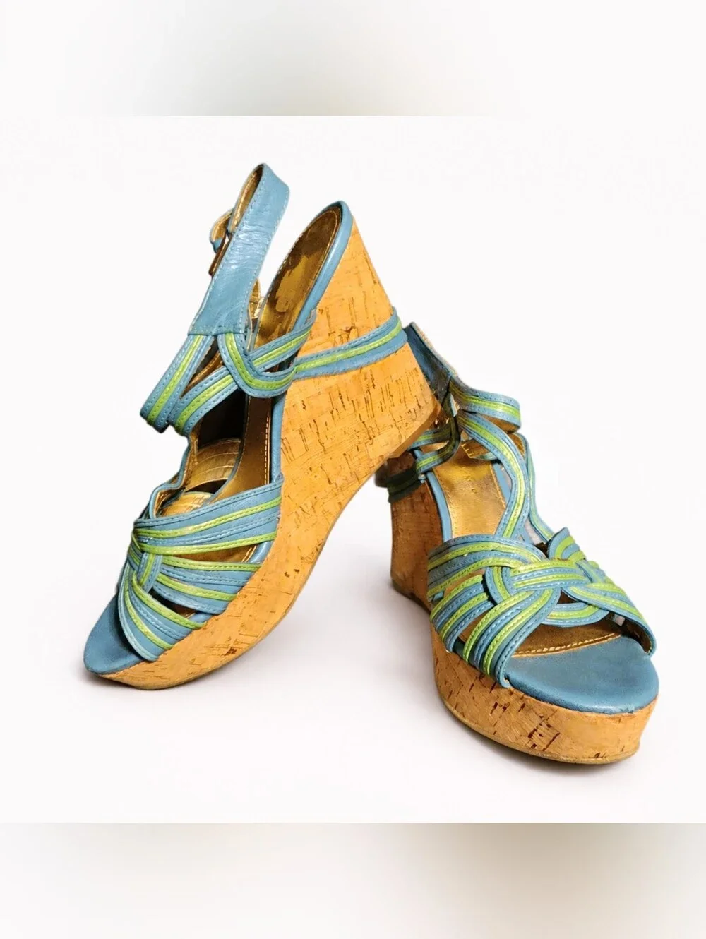 Ivanka Trump Blue Green Cork Platform Wedge Sandals Approx Size 7
